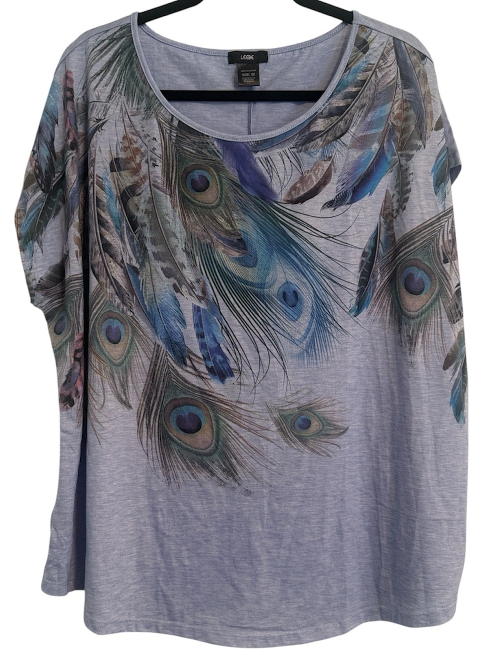 Leebe Dusty Blue Short Sleeve Top with Peacock Feather Print